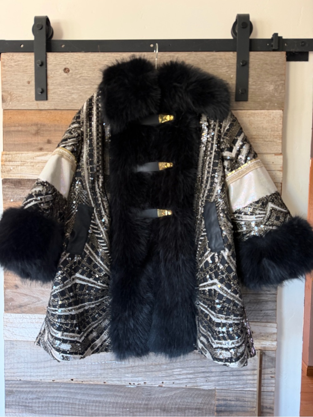 Beulah Black & Silver Sequin Faux-Fur Trim Puffer Coat